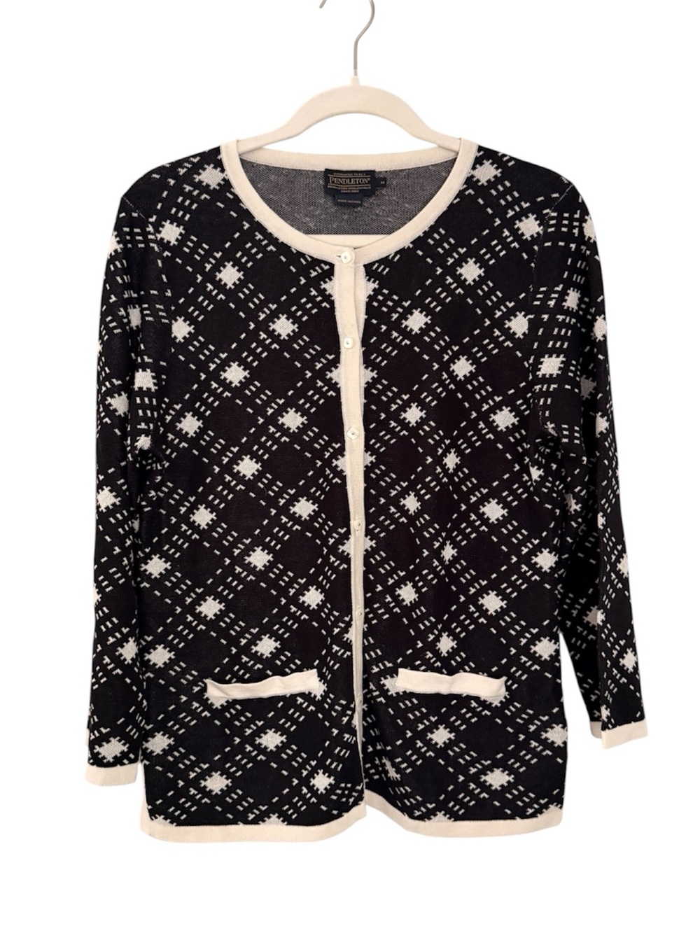 Pendleton Black and Ivory Silk Cotton  Geometric Print Cardigan Size M NWOT